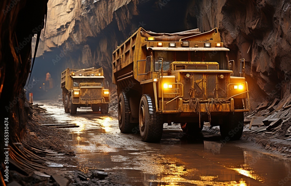 In a mine pit, a dump truck. In a mine pit, a dump truck.