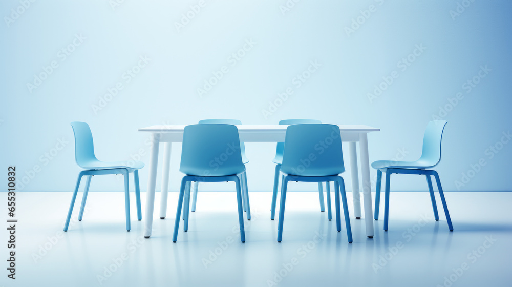 A set of blue chairs and a white table with four legs A set of blue chairs and a white table with four legs