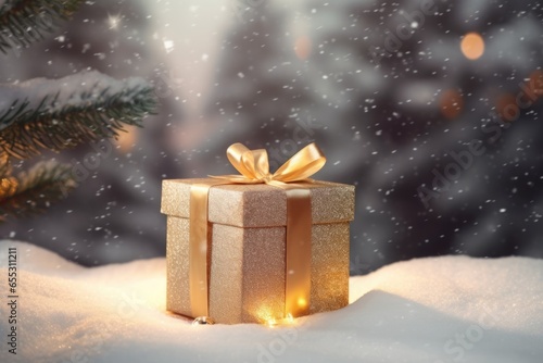 Christmas present with gold bow and ribbon and glitter. Gift box with festive illumination lights on a light blurred background with fir tree. Snow and lights. New Year banner © ratatosk
