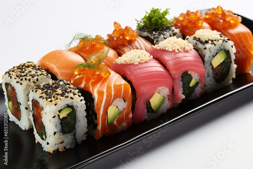 Top view of assorted sushi. Overhead japanese cuisine sushi food. Set maki rolls with salmon, shrimp, crab and avocado tuna. AI Generative