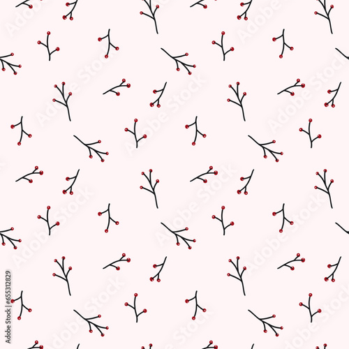 Winter berry branch seamless pattern for textile or wallpaper, scrapbook in delicate pastel color. Vector background, hand drawn doodle simple illustrations