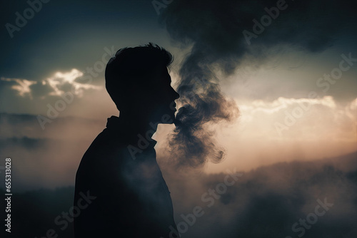 Silhouette of a man with smoke vapour 