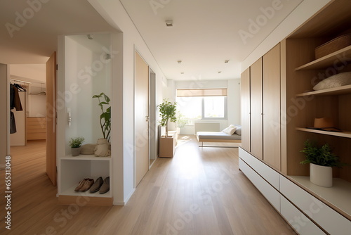 Interior of the bright hall or corridor at home. Minimalistic Scandinavian design with white color and wood. Lot of light © Canvas Alchemy