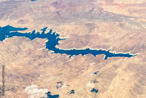 Aerial Photograph of the Boulder Canyon portion of the Colorado River on the Border btw Nevada and Arizona featuring Bighorn Cove, bearing point, flamingo reef, Auxiliary Point and Hamblin Bay  photo