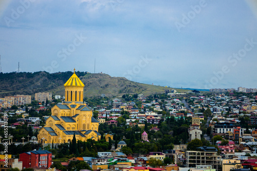 View of Sameba (Triniti)church from the hill in Tbilisi. The Holy Trinity Cathedral of Tbilisi, Georgia