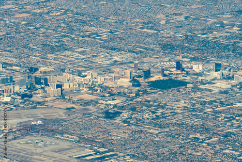 Aerial view of Los Vegas, Nevada, USA and Harry Reid International Airport LAS or McCarran Field and other nearby areas. photo