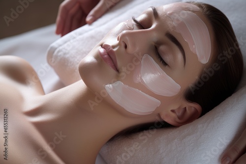 Beautiful woman having clay facial mask apply by beautician. Cosmetologist smears nutrient mask in beauty salon. Face peeling mask  spa beauty treatment  skincare. Selfcare concept