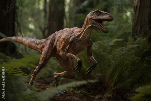 A Dinosaur stealthily runs through an overgrown forest  Velociraptor jurrassic era