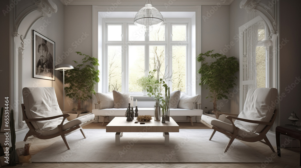 Fototapeta premium Modern symmetrical interior with floods of natural light, neutral colours