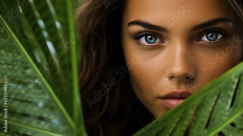 Close-up portrait of beautiful young woman with green leafs.