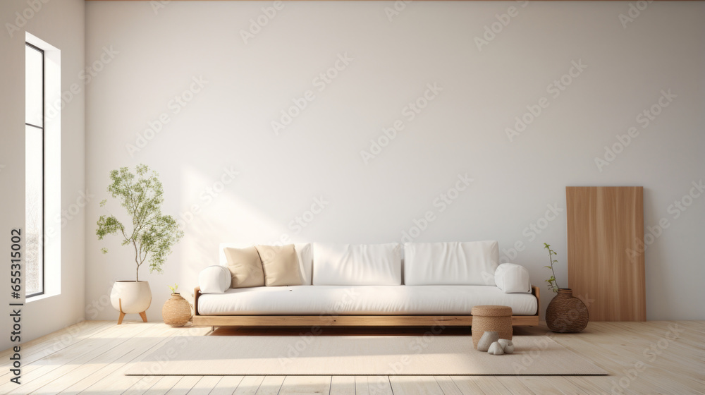 A simple white room with a grey sofa and a wooden coffee table in the middle - obrazy, fototapety, plakaty 