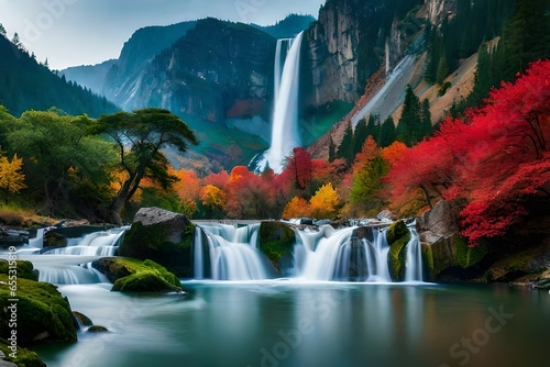 beautiful waterfall in forest waterfall with rose and flowers waterfall background waterfall scenery waterfall in spring 