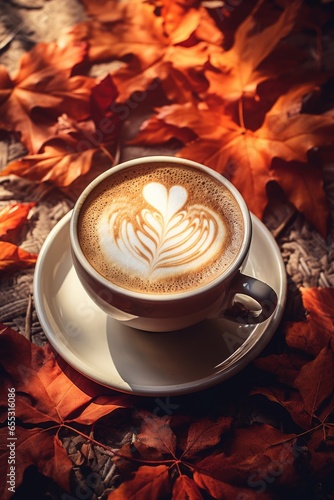 White cup of coffee on dark wooden table, brown background with yellow and orange falling maple leaves. Hot drink, latte art. Hello autumn, fall concept