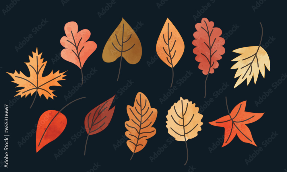 Fototapeta premium Set of autumn elements. Leaves, acorns, autumn flowers