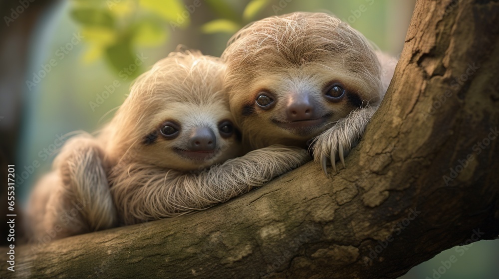a couple of sloths are sitting on a tree branch. generative ai a couple of sloths are sitting on a tree branch. generative ai