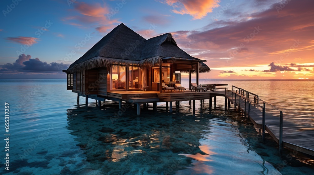 a house on stilts in the water with a sunset in the background. generative ai a house on stilts in the water with a sunset in the background. generative ai