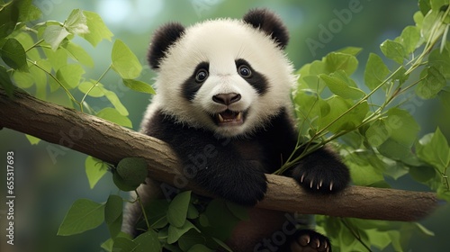  a panda bear sitting on a tree branch with its mouth open. generative ai