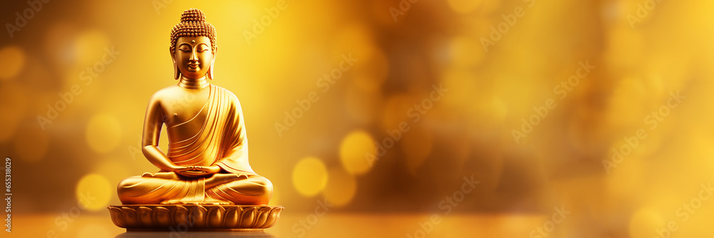 Statue of Buddha in temple with lotus and candles - obrazy, fototapety, plakaty 