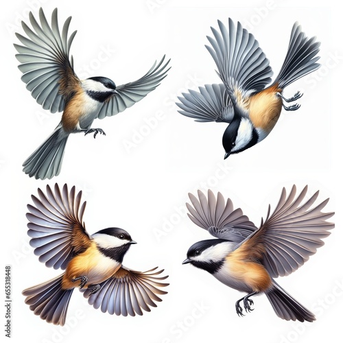 A set of male and female Carolina Chickadees flying isolated on a white background © Shoofly 3D