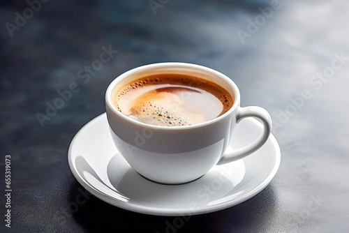 Cup of coffee on dark background, close up, selective focus