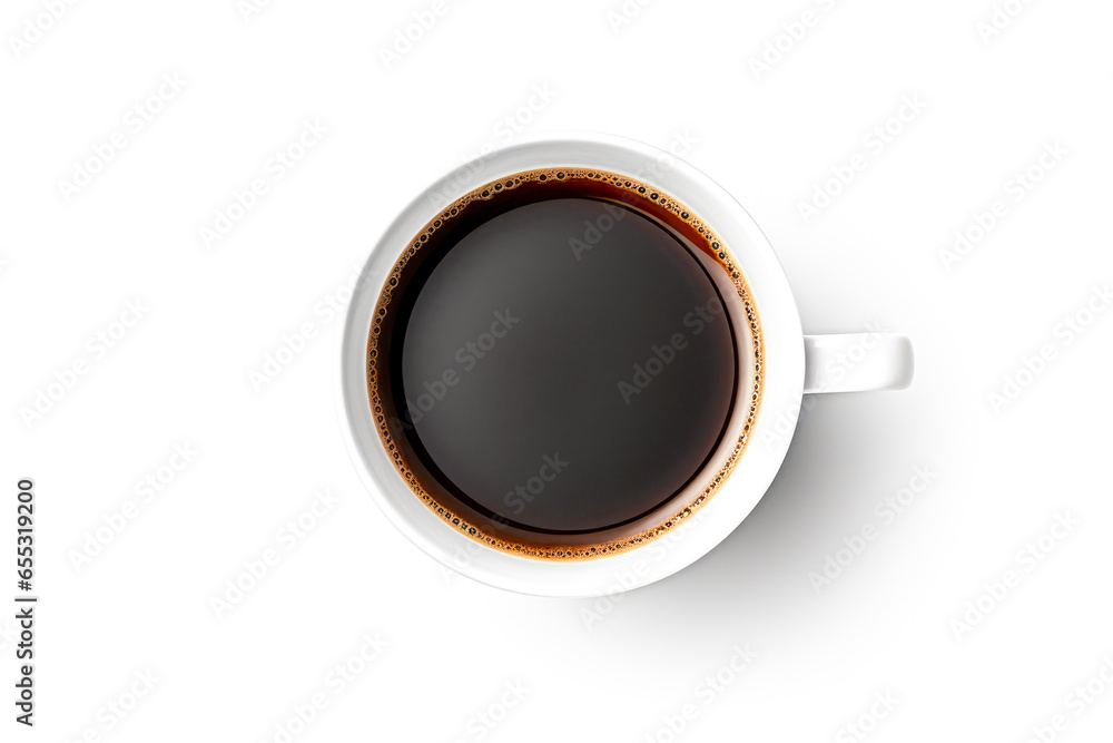 Cup of coffee isolated on white background. Top view. Flat lay Cup of coffee isolated on white background. Top view. Flat lay