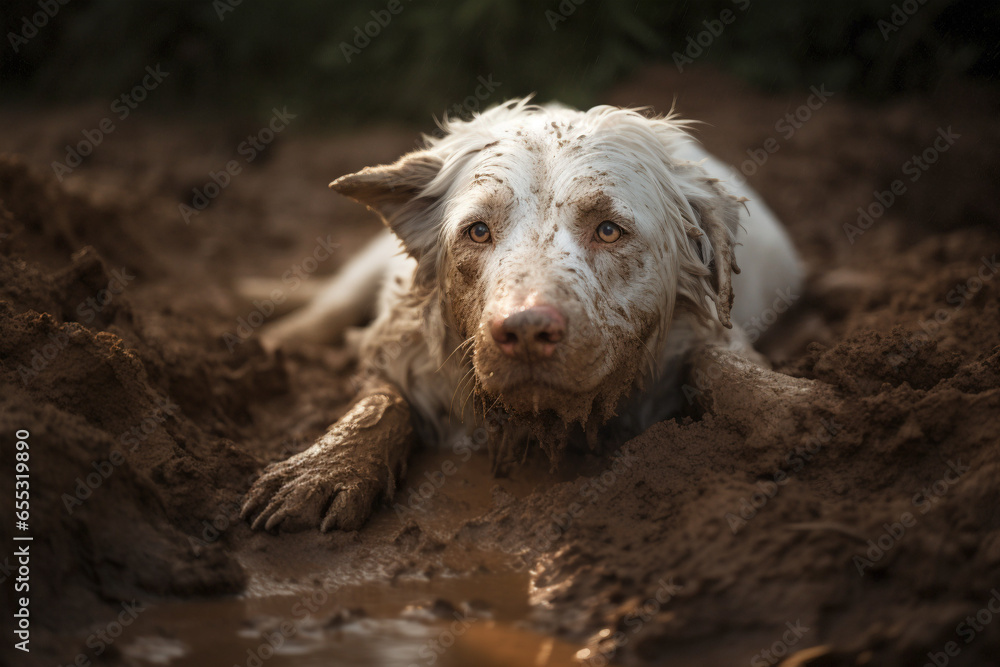 White dog with in puddle completely covered in mud