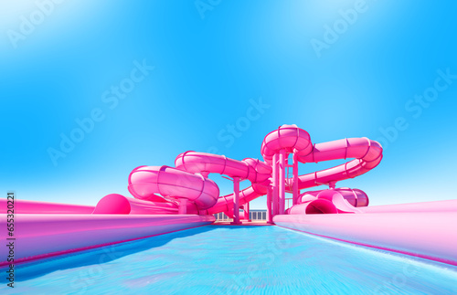 Pink outdoor aquapark, poolside slides. Beautiful big pool at water park, clear cloudless sky, bright colors. Super cool pink rides