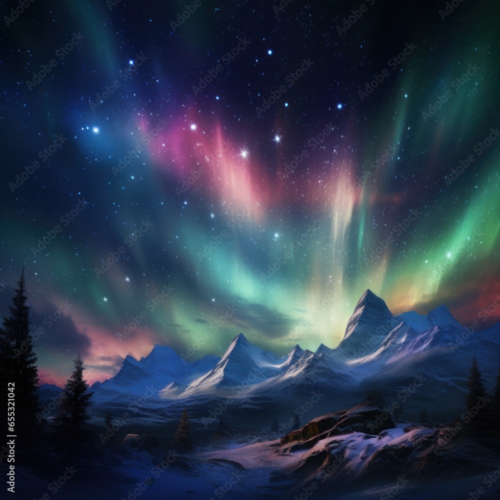 View of the aurora above the clouds and colorful mountains dancing, great for use in backgrounds, websites, etc. Ai generative image