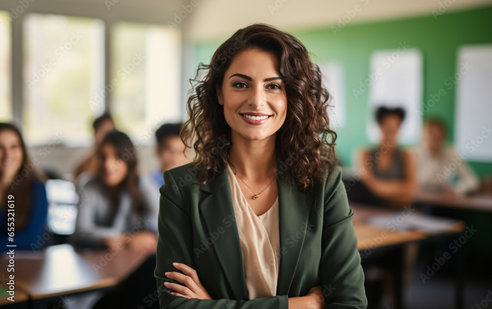 Obraz premium Portrait of a young female teacher at work in a classroom with students, strong woman concept