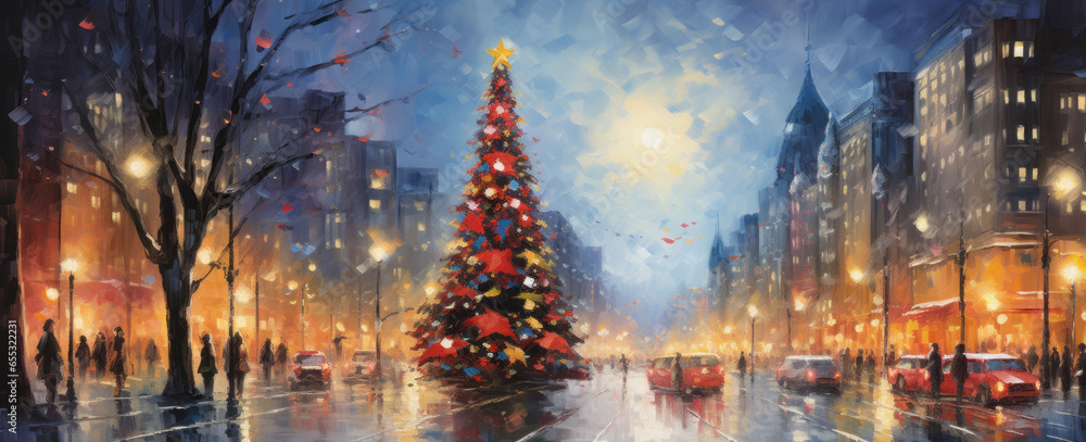 Beautiful Festive Christmas painted city background with holiday lights. Christmas city. Painting. Painting with oil paints