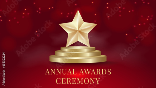 A luxurious red background for the annual awards ceremony with a realistic gold podium, text and a star.