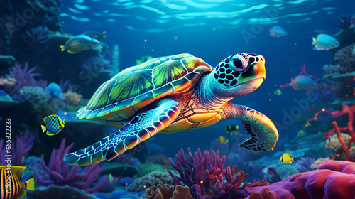 sea turtle swimming in a coral reef with colorful fish. Bright underwater colors during a snorkeling vacation. 