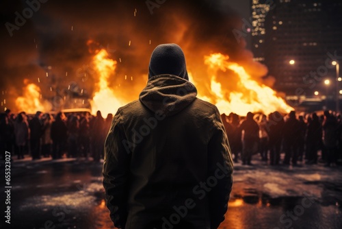 Man standing in front of a burning building in the middle of the city, Back view Aggressive man without face in hood against backdrop of protests and burning cars, AI Generated