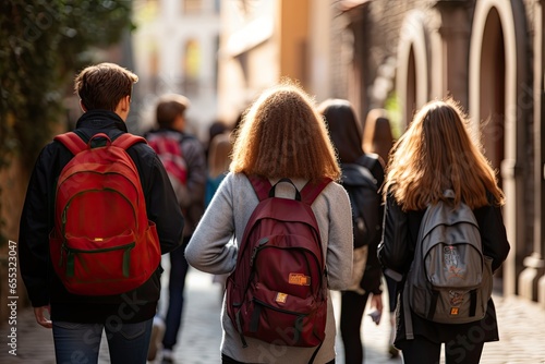 Rear view of a group of students with backpacks walking on the street, Back view of a group of students with backpacks walking on the street, high school kids with school bags, AI Generated