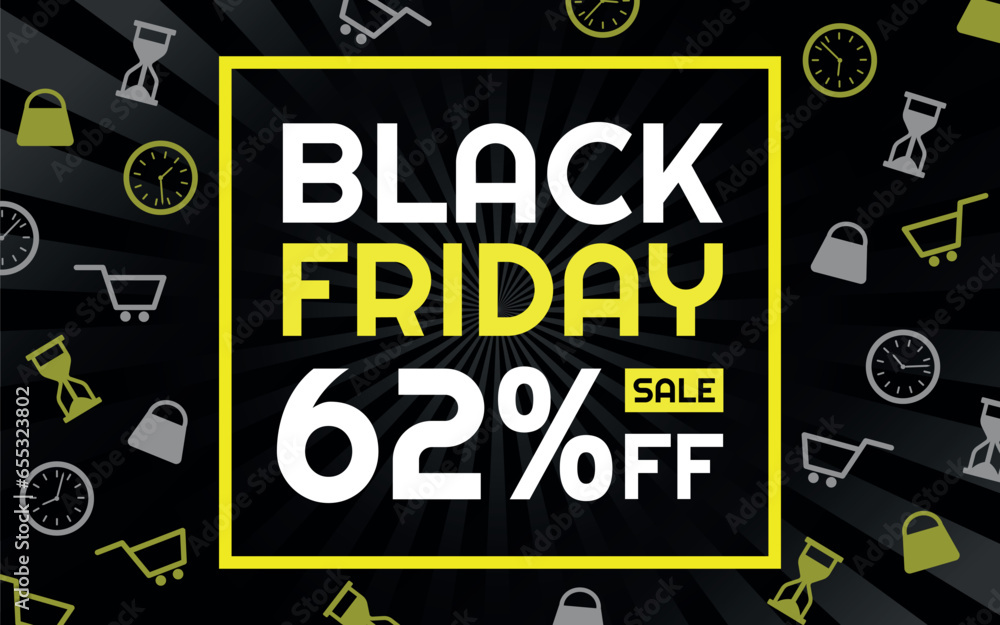 Black Friday Sale 62% off Creative Advertising Banner, Black, White and Yellow, Radial Background, Shop and Limited Time Icons Black Friday Sale 62% off Creative Advertising Banner, Black, White and Yellow, Radial Background, Shop and Limited Time Icons
