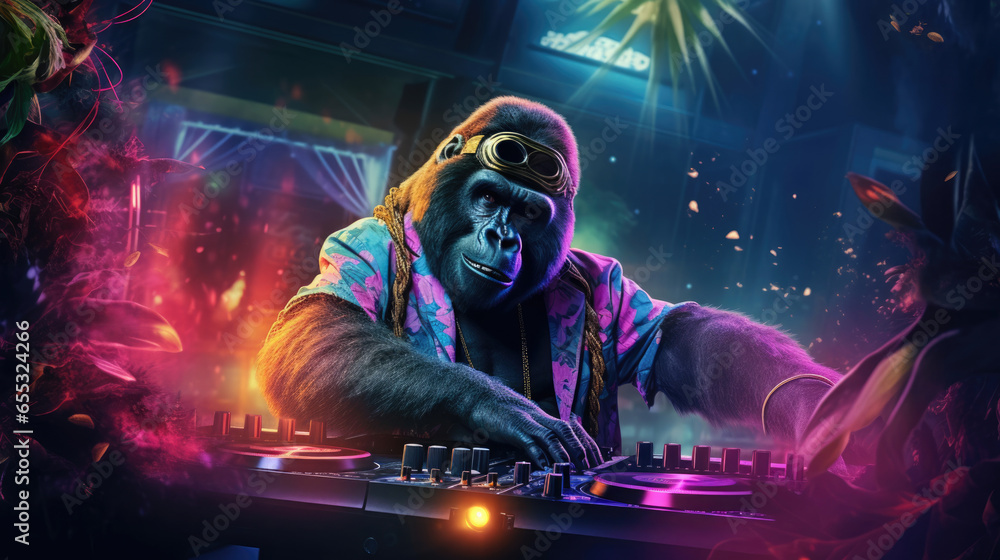 A groovy gorilla DJ,  dropping jungle-inspired beats with flair - obrazy, fototapety, plakaty 