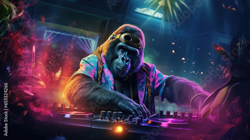 A groovy gorilla DJ, dropping jungle-inspired beats with flair