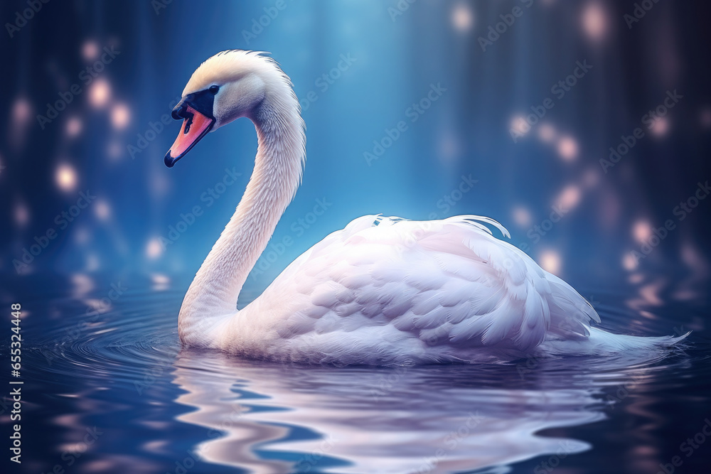 Fototapeta premium A beautiful swan swims on the water on a magical background.Wallpaper. Magic space fantasy postcard