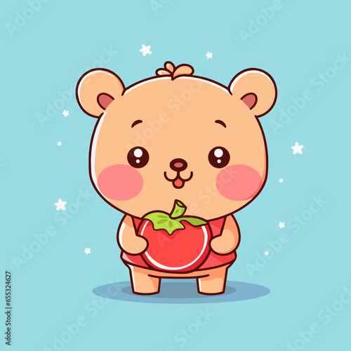 Cute happy cartoon brown bear holding a tomato. Adorable wild baby animal eating a vegetable