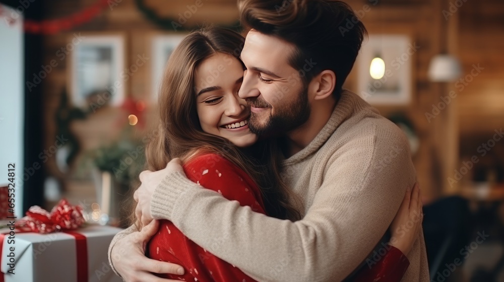 Grateful happy young woman holding festive wrap, hugging beloved husband, boyfriend, thanking for present. Sweet millennial couple celebrating anniversary, 8 march, birthday, exchanging gifts Grateful happy young woman holding festive wrap, hugging beloved husband, boyfriend, thanking for present. Sweet millennial couple celebrating anniversary, 8 march, birthday, exchanging gifts
