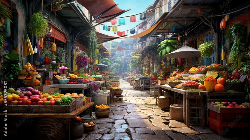 Vibrant local markets with colorful stalls and vendors. - obrazy, fototapety, plakaty 