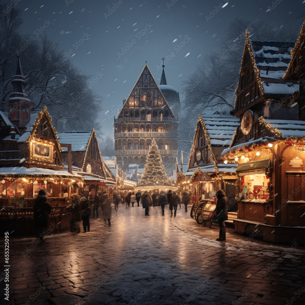 night view of german christmas market - obrazy, fototapety, plakaty 