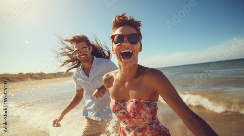 A joyful young couple enjoying themselves on a sunny day at the beach.