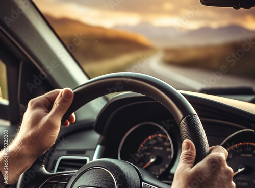 person driving a car and hands on wheel