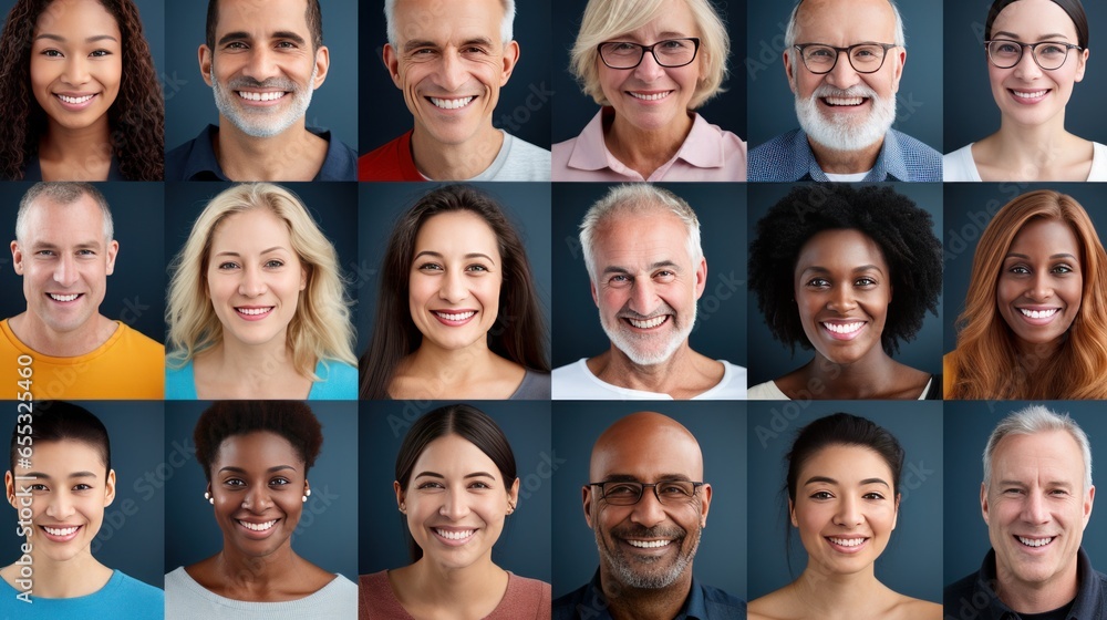 Many happy diverse ethnicity different young and old people group headshots in collage mosaic collection. Lot of smiling multicultural faces looking at camera. Human resource society database concept. Many happy diverse ethnicity different young and old people group headshots in collage mosaic collection. Lot of smiling multicultural faces looking at camera. Human resource society database concept.