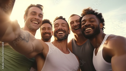 Group of happy multiracial people taking a selfie with christmas cutome ai generated