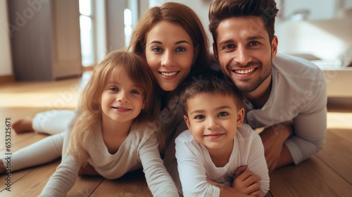 Portrait of happy full bonding family of four  sitting at warm wooden heated floor in living room at home. Smiling lovely young parents hugging little cute children siblings  looking at camera.