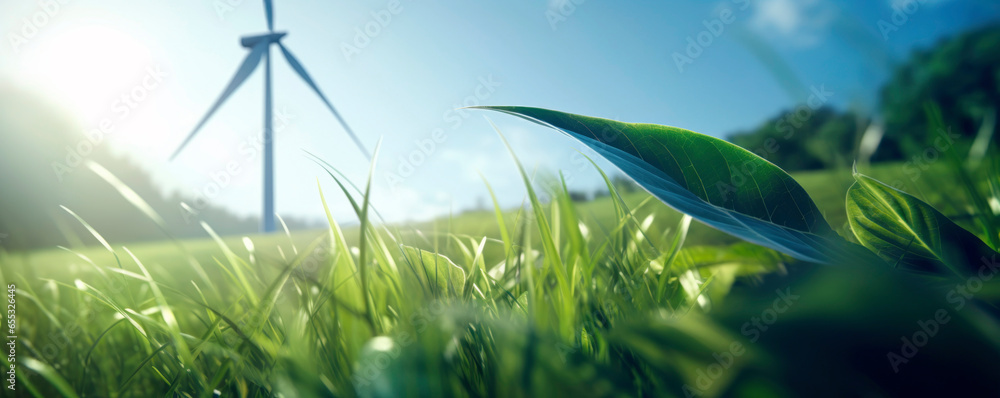 Close-up of a green grass field with a wind turbine on the background representing clean renewable energy, alternative power production and net zero carbon emissions. - obrazy, fototapety, plakaty 
