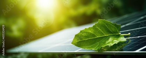 Panoramic close-up of a leaf over a solar panel with a green blurry background