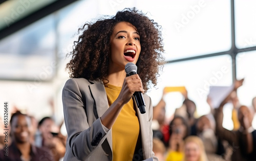 Public speaking, African American young strong woman in front of crowd of people